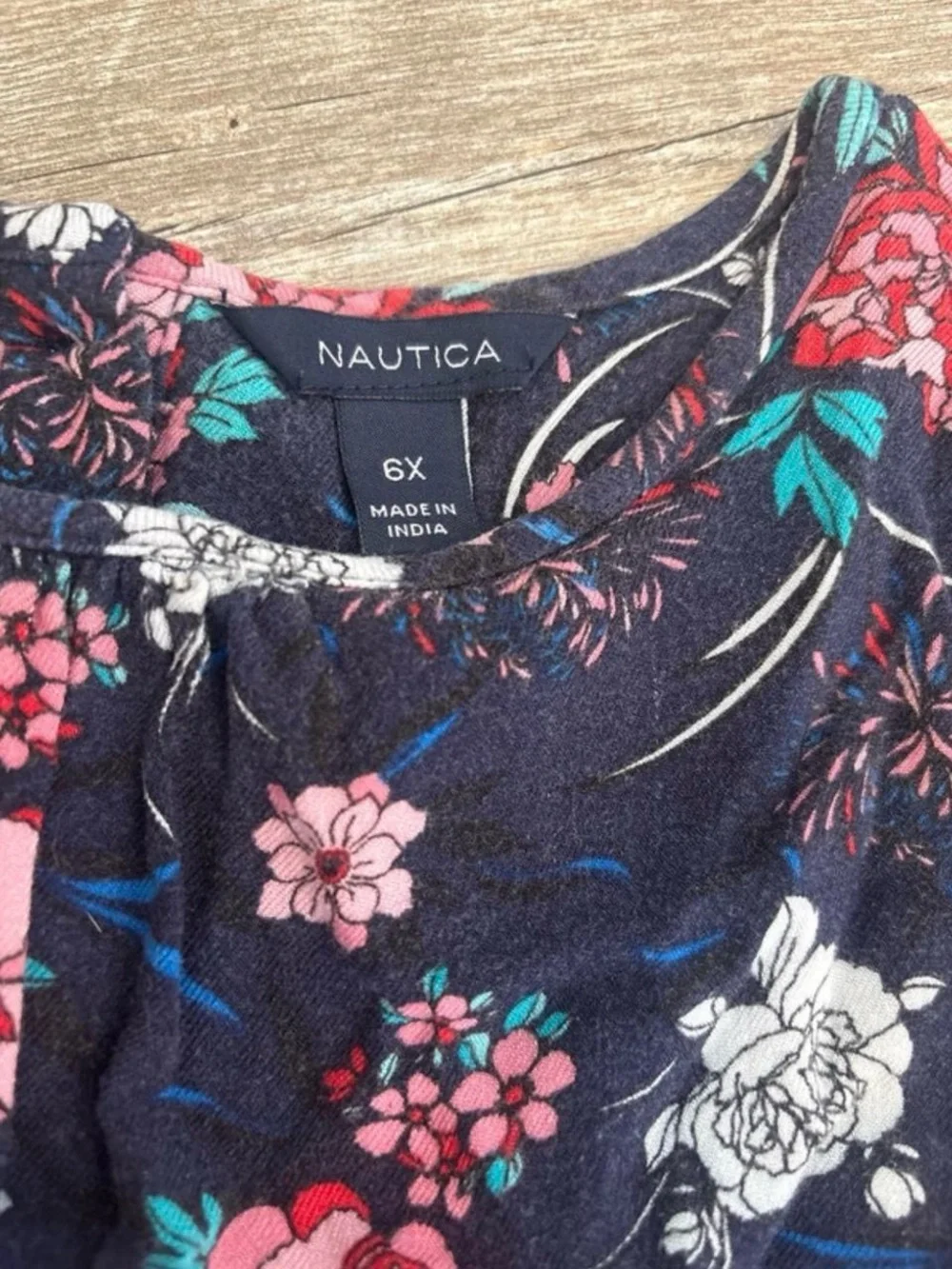 Nautica Navy Floral Long-Sleeve Tiered Dress with Red and White Blooms
